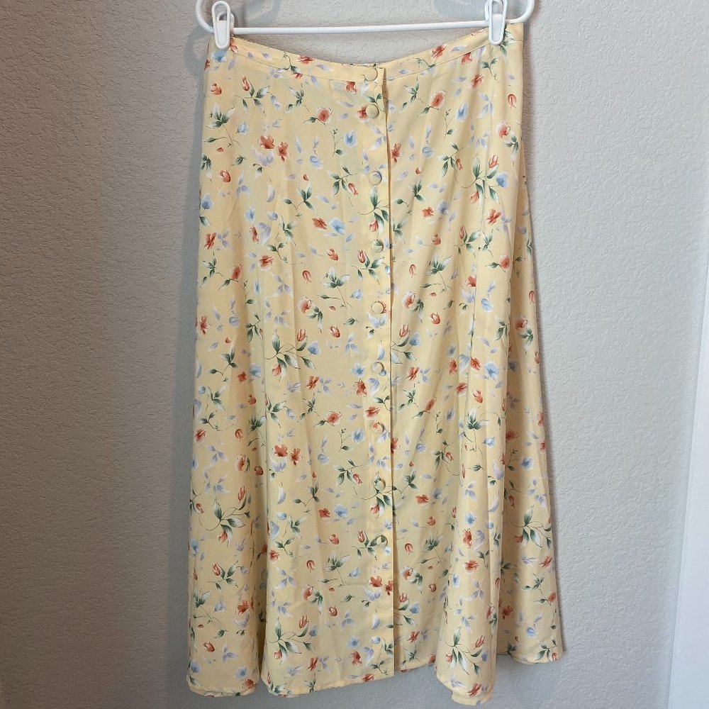 Vintage Russ Pastel Yellow and Floral Button Front Midi Skirt - Size 16 - EUC